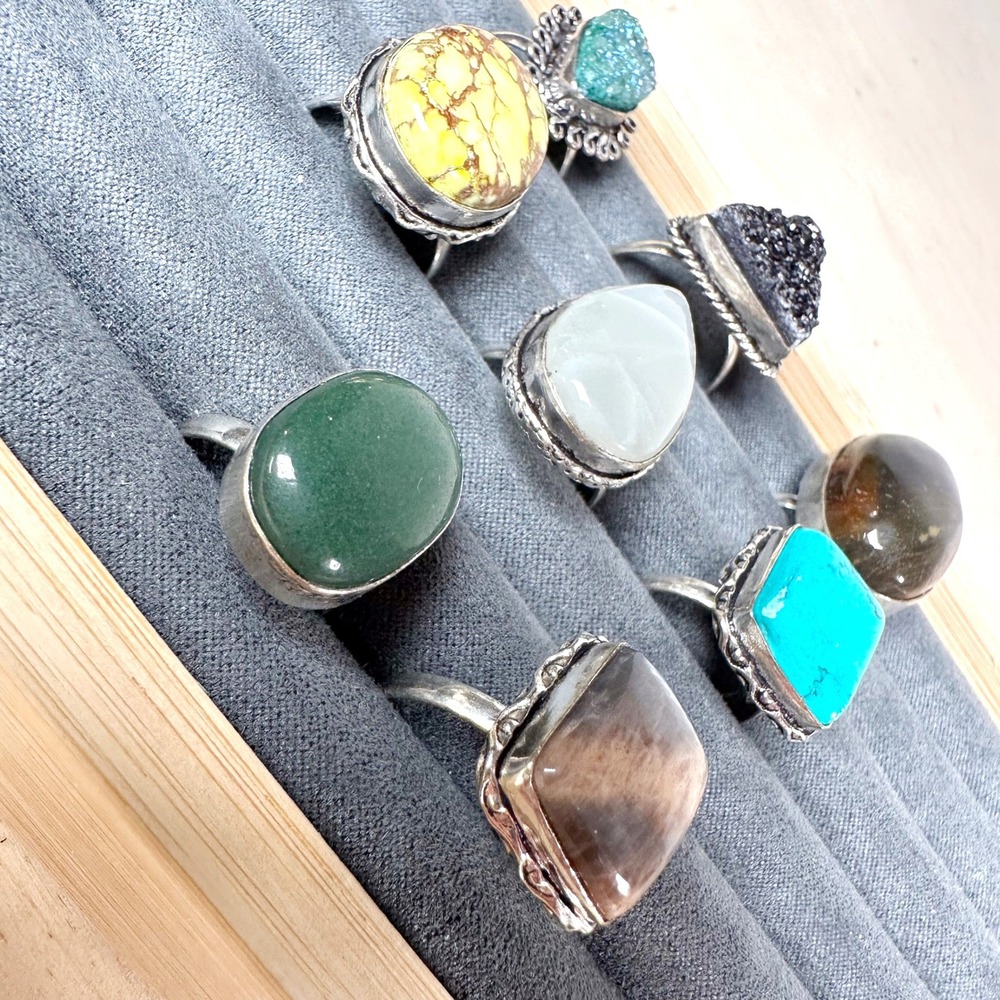 LOT 8 Turquoise Druzy Jade Moonstone Rings Brand New Genuine‎ Stones